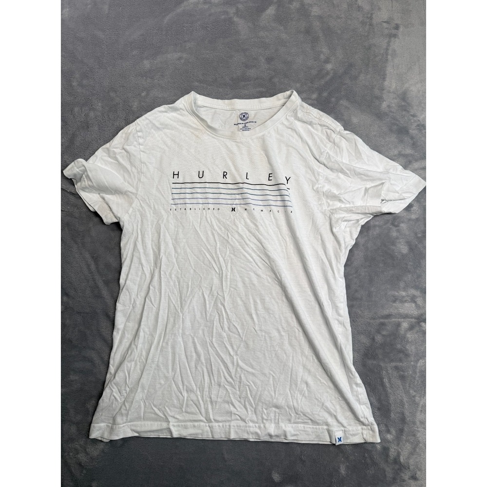 Hurley T-Shirt Top Womens Small White Graphic Striped Logo Design Everyday Wear